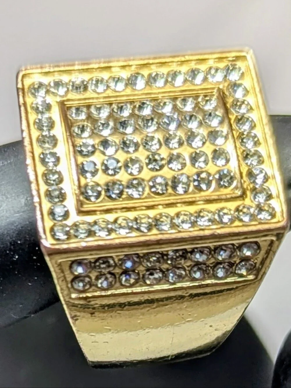 Men's Gold Tone Iced-Out Pavé Signet Ring - Rectangular Chunky Ring + FREE GIFT